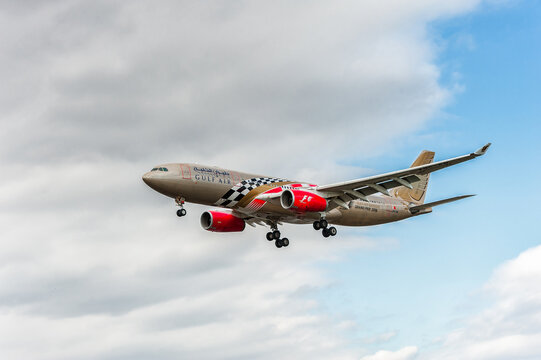 A9C-KB Gulf Air Bahrain Grand Pix Livery Airbus A330 Landing In London Heathrow International Airport. England.