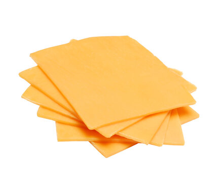 Sliced cheddar cheese isolated on transparent layered background.