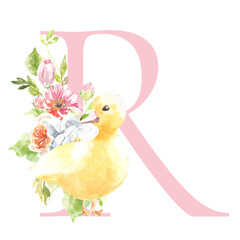 Watercolor Easter floral alphabet, cute duck spring letter R, flower bouquet illustration with peony, roses, spring greenery. Botanical monogram initials wedding stationery card, save the date, rsvp