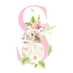 Watercolor Easter floral alphabet, cute bunny spring letter S, flower bouquet illustration with peony, roses, spring greenery. Botanical monogram initials wedding stationery card, save the date, rsvp
