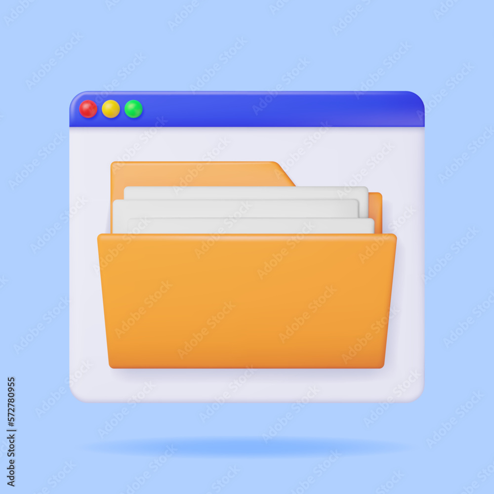 Poster 3d desktop interface window with file folder isolated. render yellow folder for correspondence, file