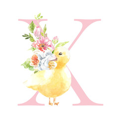 Watercolor Easter floral alphabet, cute duck spring letter X, flower bouquet illustration with peony, roses, spring greenery. Botanical monogram initials wedding stationery card, save the date, rsvp