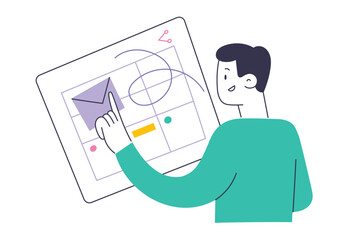 Person creates a weekly schedule, uses digital calendar, sets events, shares with friends, pushes email icon to send invitation, personal organizer interface, agenda application, vector illustration