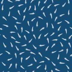 Pattern of white feathers. Bird Nibs fall on a blue background. Light flight of fluff. Softness. Seamless pattern.