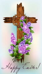Easter Christian wooden cross with  flowers lilac. vector illustration