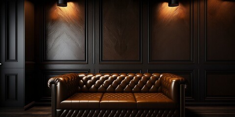 Luxury dark living room interior with brown sofa mock up, modern interior background, empty black wall mockup, 3d illustration