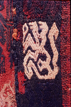 Ica  paracas  Peru -April 2016 -the culture nazca with details of textil figure mithical, being horrible bird, mithical killer ,spotter cat from 100bc to 800 ac  aequeological site and history