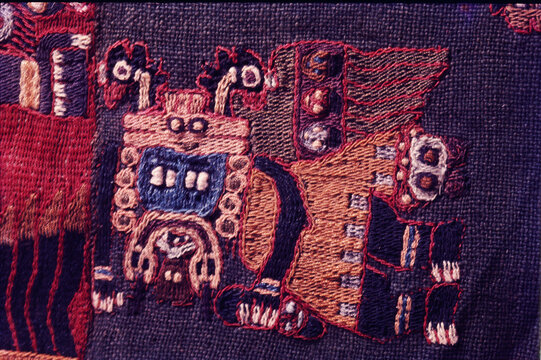 Ica  paracas  Peru -April 2016 -the culture nazca with details of textil figure mithical, being horrible bird, mithical killer ,spotter cat from 100bc to 800 ac  aequeological site and history