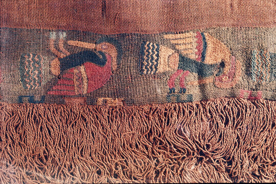 Ica  paracas  Peru -April 2016 -the culture nazca with details of textil figure mithical, being horrible bird, mithical killer ,spotter cat from 100bc to 800 ac  aequeological site and history