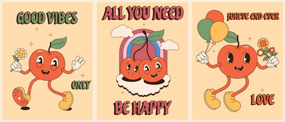 Obraz premium Set of groovy lovely cherry retro posters. The concept of love, happiness, holiday. Trendy cartoon retro 60s 70s style. Postcard, print, sticker, print. Vector