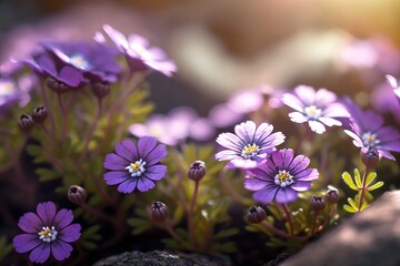 Purple wild flowers blurred background. Generative AI