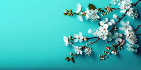 Pretty white cherry blossom branches over turquoise colorful background. Generative AI illustration