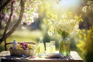 Springtime table ready for lunch in beautiful outdoors background. Generative AI illustration