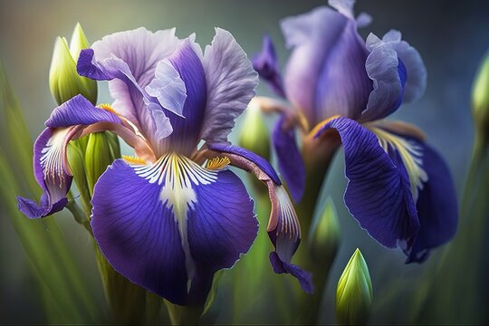 Purple German iris close up image. Macro photography style. Generative AI illustration