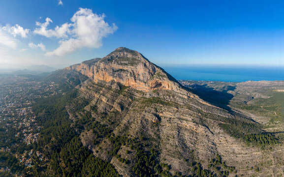 Aerial panoramic view of the Montgo Massif in Denia, Spain.  Also known as Elephant Mountain and Mount Montgo. Parc Natural del Montg&oacute;, Javea, Spain. 