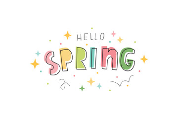 hello spring handwritten text. trendy hand lettering design  isolated on white background. vector colorful illustration as logotype, icon, card. spring postcard, invitation, flyer