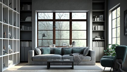 Fototapeta premium Interior of modern living room with grey sofas, window and shelving unit generative ai