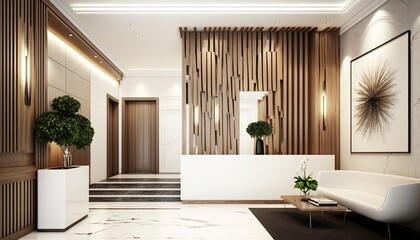 Luxury and contemporary lobby area interior design in white and wood style with reception counter generative ai