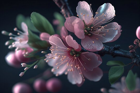 Closeup of Cherry blossom flower background. Generative AI.