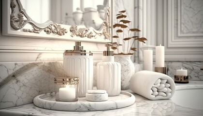 Luxury white marble tabletop with bath accessories over blurred background of luxury bathroom generative ai