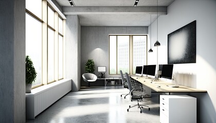 Fototapeta na wymiar Modern urban company office indoor building interior with workstation and empty white wall generative ai