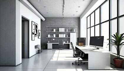 Fototapeta na wymiar Modern urban company office indoor building interior with workstation and empty white wall generative ai