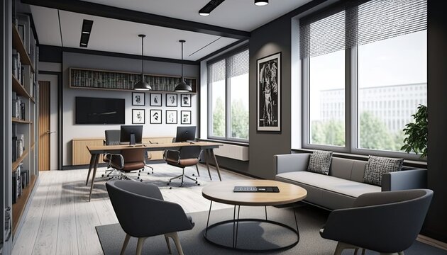 Modern and comfortable company office interior with formal meeting room and relaxation area generative ai