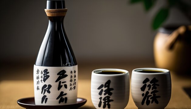A simple yet elegant set of black and white ceramic sake cups next to a bottle of sake