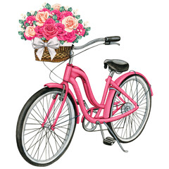 Fototapeta na wymiar watercolor hand drawn bike with basket full of roses