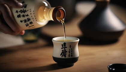 A close-up of a tokkuri (sake bottle) being filled with sake