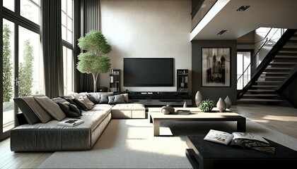 Spacious living room with corner sofa and modern TV set in daylight generative ai
