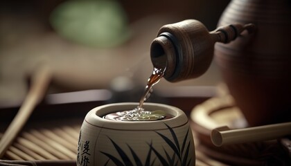 Fototapeta na wymiar A close-up of a tokkuri (sake bottle) being filled with sake
