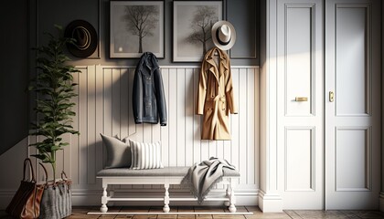 Fototapeta na wymiar Stylish interior of modern hallway with bench, clothes on rack and chest of drawers generative ai
