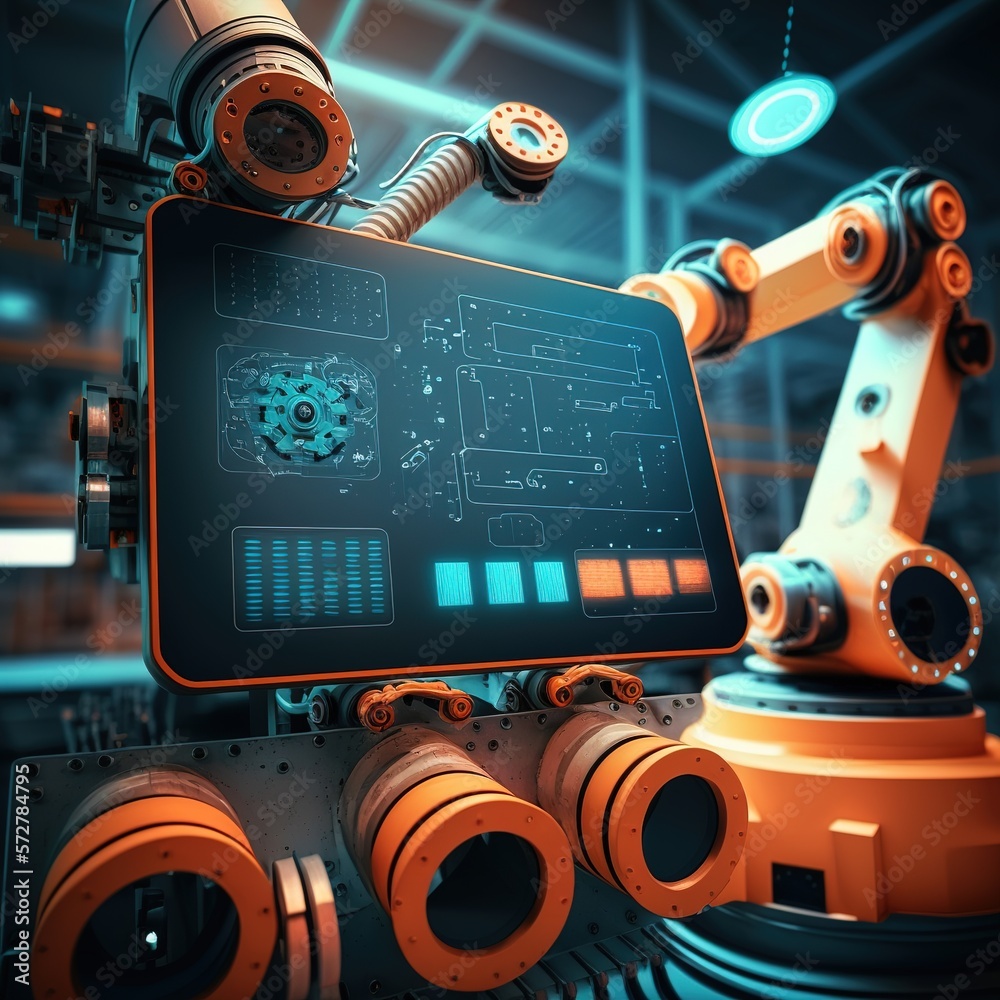 Poster in an intelligent factory industrial, an automation robot arms a machine using software from a real-