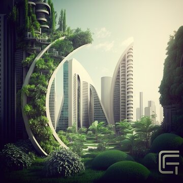 Green City With Futuristic Office Building And Architecture , Generative Ai