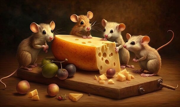  a painting of three mice with a piece of cheese on a cutting board.  generative ai