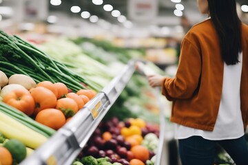 Fototapeta Closeup candid photograph of a woman shopping for groceries fruits and vegetables in a grocery supermarket store aisle, inflation food prices concept, generative ai obraz