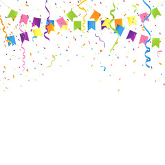 Colorful Party Flags With Confetti And Ribbons Falling On White Background. Celebration Event and Happy Birthday. Vector illustration