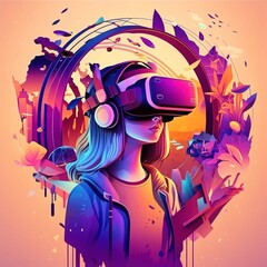 Metaverse Technology concepts. Teenager play VR virtual reality goggle and experiences of metaverse virtual world on colorful background. Visualization and simulation, generative ai