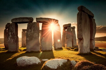 Illustration Stonehenge with sunset prehistoric monument AI generated - obrazy, fototapety, plakaty