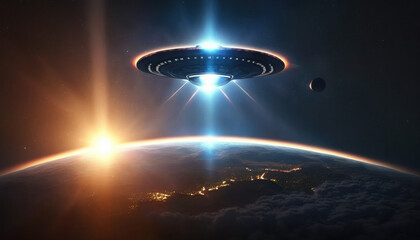 Ufo and aliens invasion concept with alien spaceship above the earth, created with Generative AI technology.