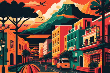 Fototapeta premium A lively digital illustration of Cape Town, South Africa featuring bright colors, patterns, and energetic lines. Generative AI