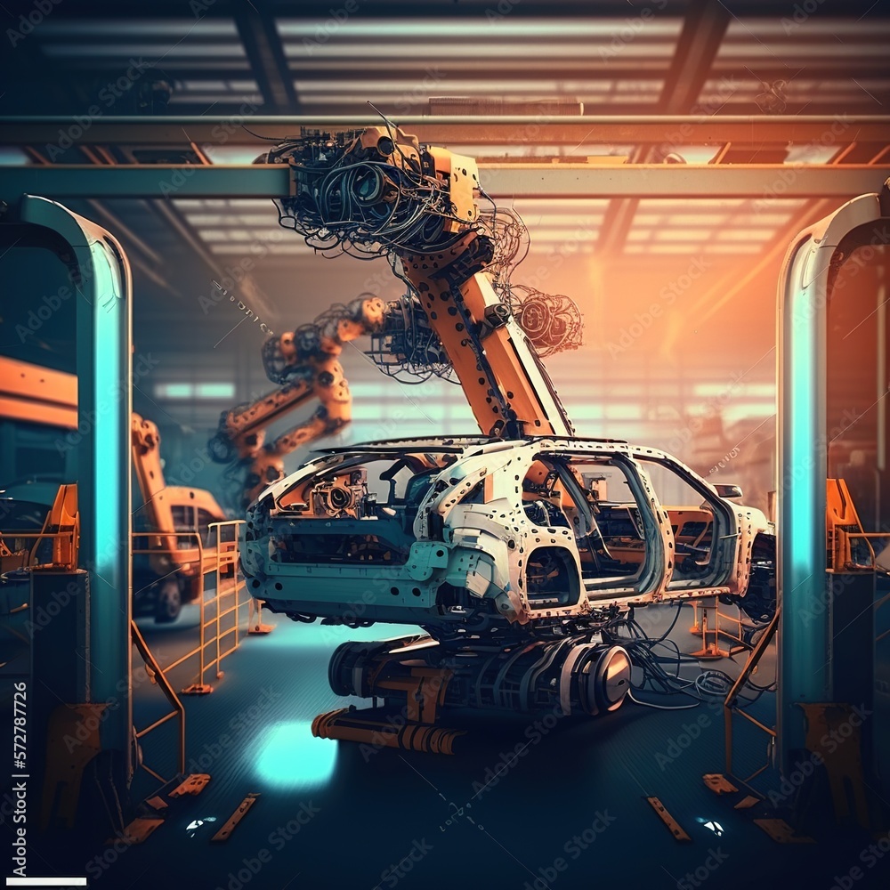 Wall mural The auto factory robotic arm is in operation. automated production line in a car factory. generative ai