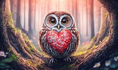  a painting of an owl holding a heart in a forest.  generative ai