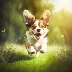 Spring, summer concept, playful happy pet dog puppy running in the grass and listening with funny ears generative ai