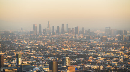 Los Angeles skyline with hazy air at sunset