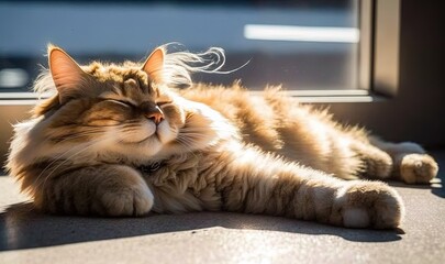  a cat laying on the ground with its eyes closed and eyes closed.  generative ai