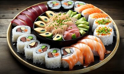  a plate of sushi and other foods on a table.  generative ai
