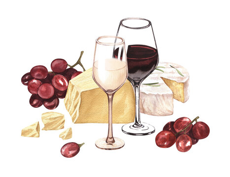 Watercolor illustration of the two glass of red wine, grape and parmesan cheese. Picture of an alcoholic drink isolated on the white background. Concept for wine list, label, banner, menu, template