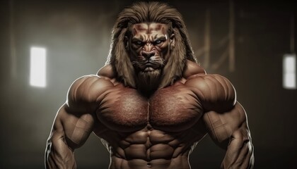 Fototapeta na wymiar Portrait of a strong male lion in a gym. Bodybuilding concept